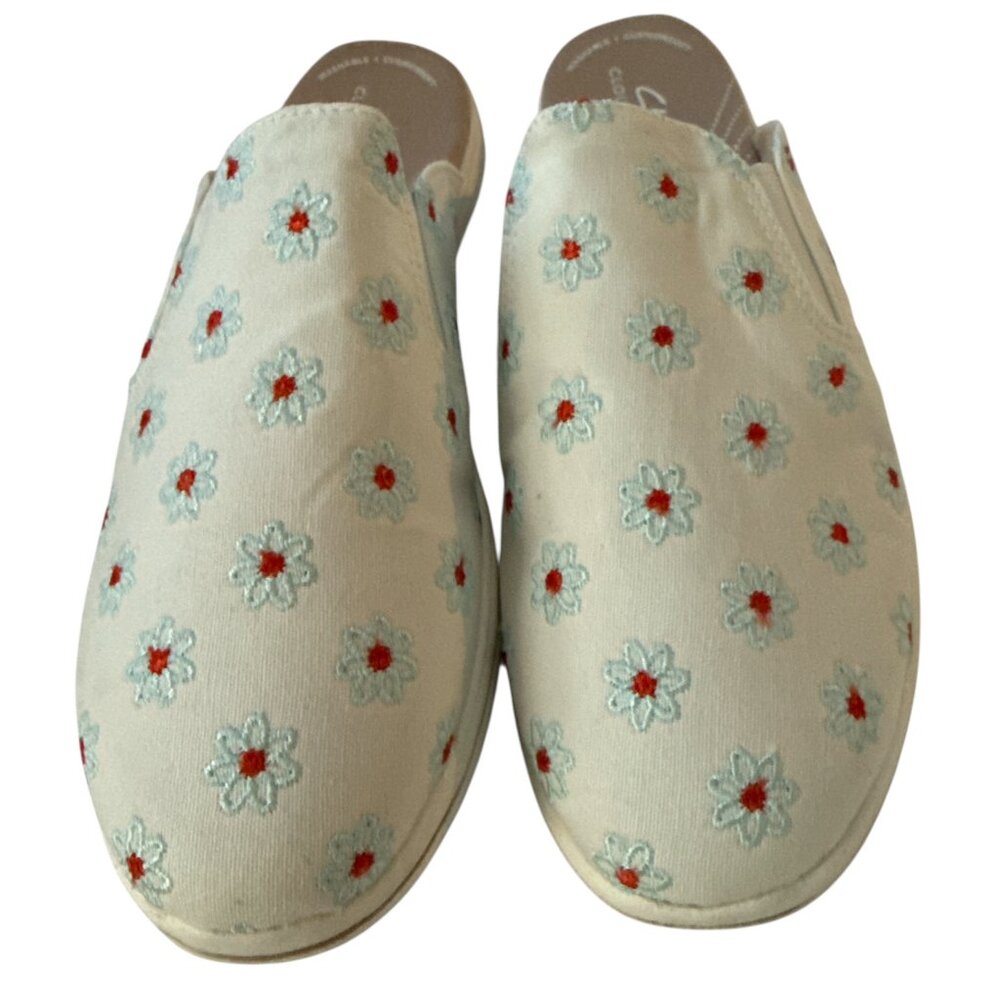Clarks Cloudsteppers Canvas Slip-on Mules -NWOB-  White Floral Size 9